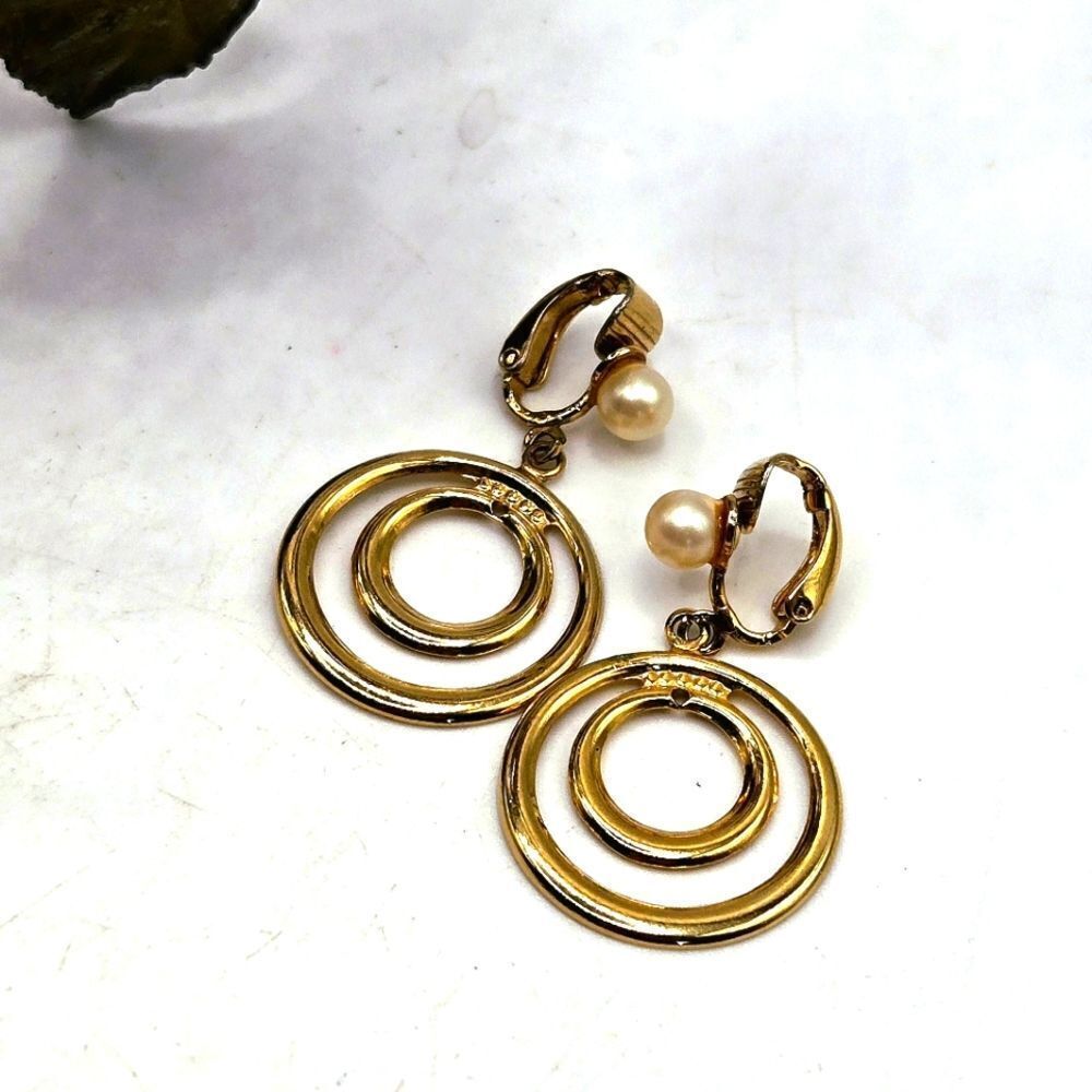 "5/$40" Vintage Goldtone Faux Pearl Layered Circle Clip On Non Pierced Earrings